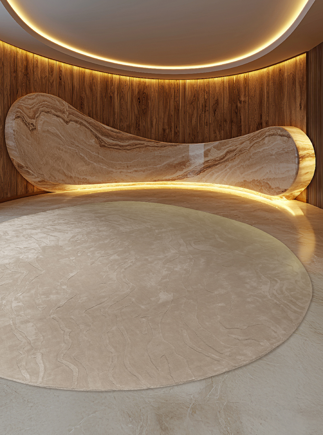 Modern interior with curved marble bench and wooden walls.