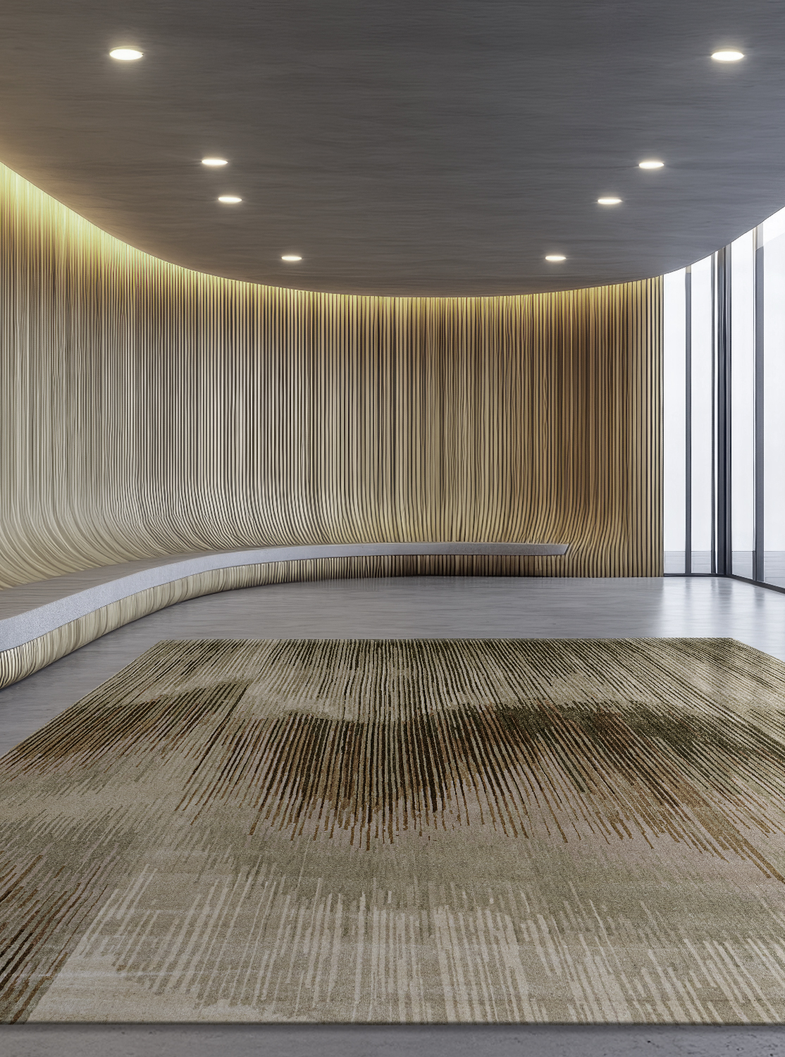 A curved wood wall in the interior space, in a minimalist style, a modern designed office with a concrete floor and light gray walls